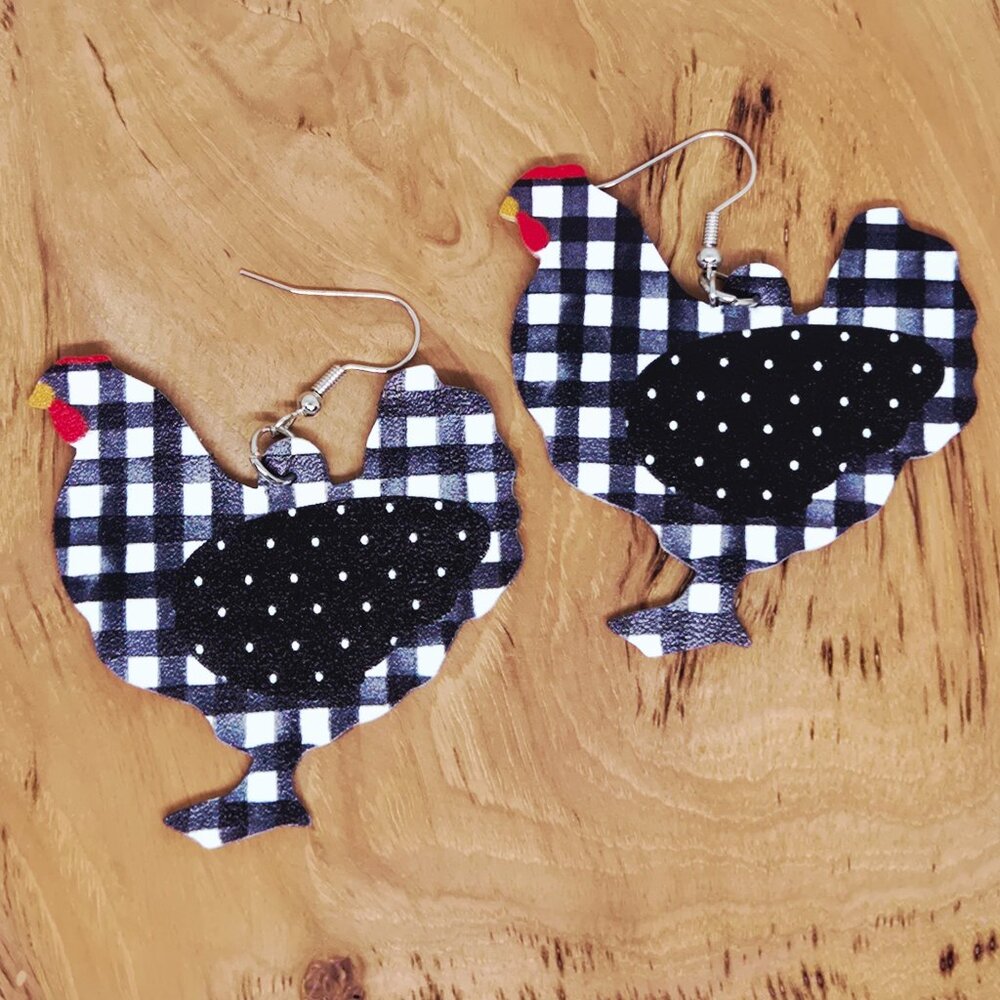 NEW FAUX LEATHER FARM ANIMALS BUFFALO CHECK B&W CHICKEN DOUBLE PRINT EARRINGS